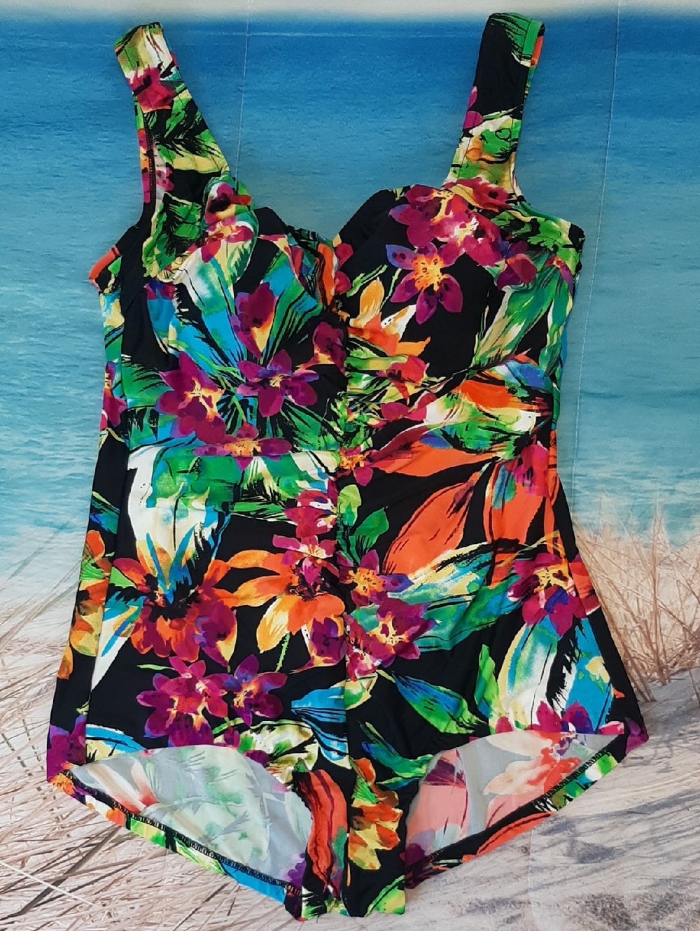Maxine of Hollywood Size 18 W Black Floral One Piece Swimsuit Beach Swim Wear